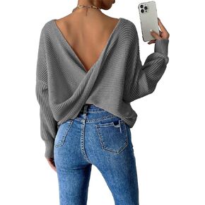 SKAYS Open Back Sweater for Women, Women Criss Cross Boat Neck Long Sleeve Crop Sweater, Frenchy Twist Back Sweater