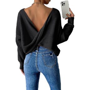 SKAYS Open Back Sweater for Women, Women Criss Cross Boat Neck Long Sleeve Crop Sweater, Frenchy Twist Back Sweater