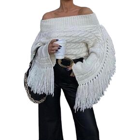 Unybwonn Women Off The Shoulder Fringe Cropped Sweater Long Sleeve Sexy Pullover Y2k Cute Streetwear Knit Tassel Top