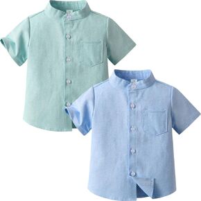 2 Pack Boys' Short Sleeve Henley Shirt Summer Button Down Cotton Casual Solid Dress Tops