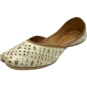 Punjabi Jutti Flats for Women,Cream Bohemian Sandles Traditional Jooti,Handmade Indian Ethnic Beaded Shoes, Crean