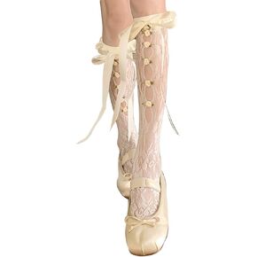 Triplewood Knee High Socks Y2K Socks with Bowknot Rose Decorations Hollow Out Sheer Mesh Lace Stockings