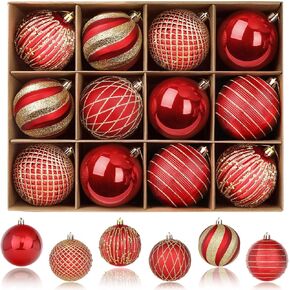SHareconn 80mm Christmas Balls Ornaments,12PCS Colored Shatterproof Plastic Decorative Hanging Tree Decorations Baubles Set for Xmas Tree Decor Holiday Party Wedding Decoration with Lanyard,Red & Gold