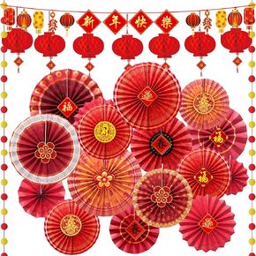 Ragnhild 24 Pcs Chinese New Year Decorations 2025, Chinese Red Paper Fans Lanterns Lunar New Year Decorations, Oriental Hanging Ornaments Banner for Chinese Spring Festival Year of Snake Party Decor