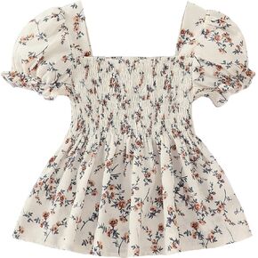 SHENHE Girl's Floral Square Neck Puff Short Sleeve Shirred Blouse Peplum Tops