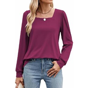 Poetsky Women's Casual Puff Long Sleeve Shirts 2024 Fall Fashion Square Neck Tops Loose Fit Dressy Tunic Blouses