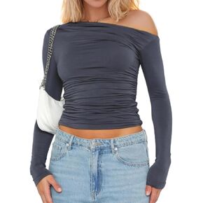 Women's Sexy Off Shoulder Long Sleeve Tops Slim Fit Asymmetrical Neck Crop Tops Ruched Going Out T Shirt 2024 Trendy