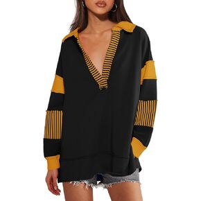 SENSERISE Womens Oversized Sweatshirt Striped Shirt Long Sleeve Color Block Tops Casual V Neck Polo Shirts Pullover