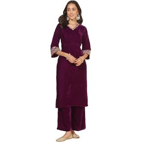 Janasya Indian Women's Purple Velvet Embellished Straight Kurta with Palazzo Set