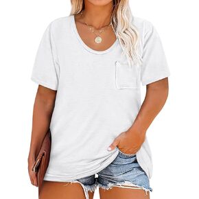 Womens Plus Size Tunic T Shirts Short Sleeve Round Neck Soft Loose Shirts Summer Casual Tops with Pocket