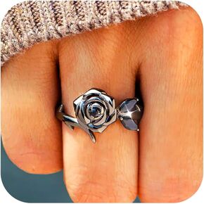 Black Rose Flower Ring for Women, 925 Sterling Sliver Elegant Flower Rose Black CZ Leaf Ring Promise Ring for Her Love All Parts Of Myself Black Rose Ring Christmas Wedding Jewelry Gifts