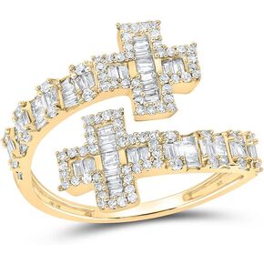 Solid 10K Yellow Gold Real Natural Diamond Cross Cuff Wedding Band Anniversary Ring for Women 3/4 Carat (.71 Cttw)