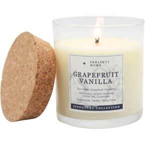 PERIPETI Home Grapefruit + Vanilla Soy Candle - Long-Lasting Scented Candle with a Wooden Wick for Relaxing Aromatherapy - 8.5oz Natural Wax for Home, Spa, or Gift