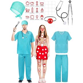8 Pcs Operation Game Couples Costume Set for Adult Halloween Board Game Couple Costume Medical Doctor Surgeon Red Lighted Nose Patient Costume for Halloween Party Cosplay