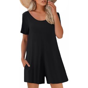 Womens Summer Casual Romper Short Sleeve Crewneck Shorts Overalls Jumpsuit with Pockets 2025 Outfits