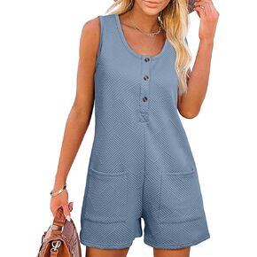 AlvaQ Rompers for Women Solid Color Casual Sleeveless Textured Button Down Short Jumpsuits with Pockets