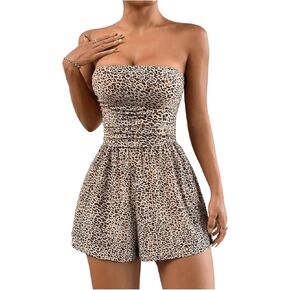 Floerns Women's Leopard Print Strapless Tube Jumpsuit Wide Leg Shorts Romper