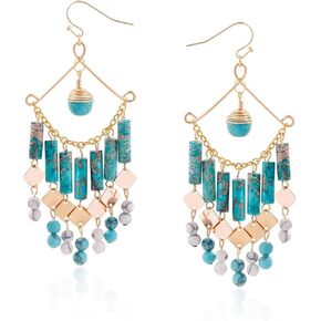 Turquoise Dangling Earrings – Dangle Earrings For Women With Emperor Stone – Bohemian Earrings For Beach & Boho Style – Women'S Turquoise Jewelry