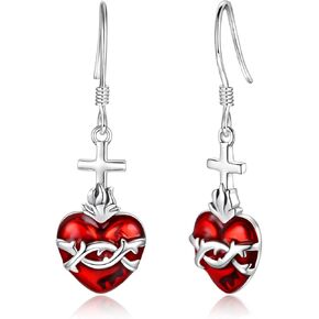 Sacred Heart of Jesus Earrings 925 Sterling Silver Cross Dangle Earrings God's Love Jewelry Amulet Gifts for Women