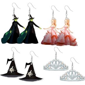 Cooluckday 4Pairs Movie Inspiration Crown Witch Hat Earring for Women Witch Earrings Crown earrings Cartoon Cosplay Acrylic Earrings Gifts for Woman
