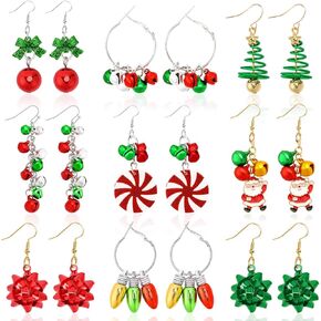 9 Pairs Christmas Earrings for Women Xmas Holiday Dangle Earring Christmas Tree Jingle Bell Reindeer Candy Cane Earrings Xmas Earrings Christmas Jewelry Christmas Gifts