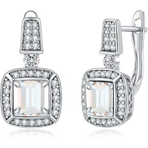 EVEVIC Square Austrian Crystal Earrings Halo Leverback Drop Earrings 14k White Gold Plated Earrings for Women Hypoallergenic Jewelry Gift