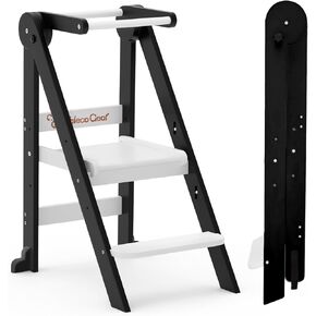 Foldable Toddler Kitchen Stool Helper, Toddler Tower with 3 Adjustable Height, Wooden Toddler Step Stool, Collapsible Toddler Tower, Toddler Stool for Kitchen and Bathroom (Nature)