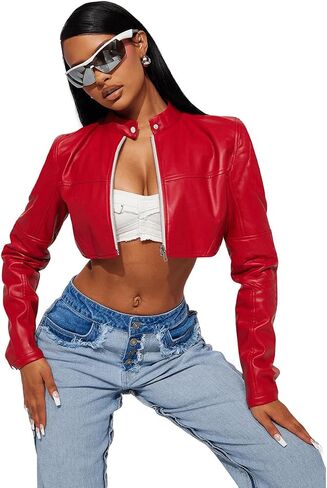 Women's Fashion Faux Leather Jacket Crop Short Cropped PU Slim Zip Up Moto Biker Coat Motorcycle Jackets Coat in Saudi Arabia