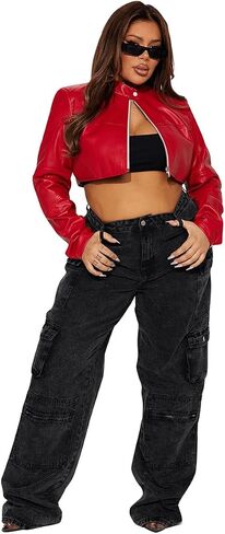 Women's Fashion Faux Leather Jacket Crop Short Cropped PU Slim Zip Up Moto Biker Coat Motorcycle Jackets Coat in Saudi Arabia