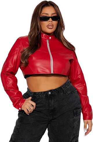 Women's Fashion Faux Leather Jacket Crop Short Cropped PU Slim Zip Up Moto Biker Coat Motorcycle Jackets Coat in Saudi Arabia