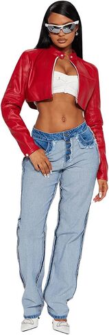 Women's Fashion Faux Leather Jacket Crop Short Cropped PU Slim Zip Up Moto Biker Coat Motorcycle Jackets Coat in Saudi Arabia