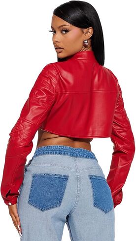 Women's Fashion Faux Leather Jacket Crop Short Cropped PU Slim Zip Up Moto Biker Coat Motorcycle Jackets Coat in Saudi Arabia