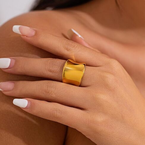 Dainty Chunky Gold Rings For Women 14K Gold Plated Wide Band Statement Ring Vintage Stack Gold Rings Non Tarnish Trendy Thumb Knuckle Ring Size 6-10 in Saudi Arabia