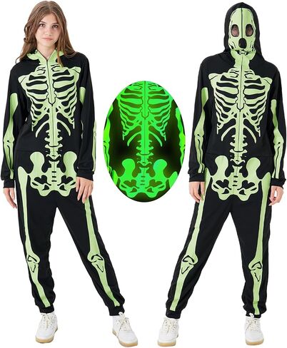 PARTISKY Adult Onesie Skeleton Costume Women & Men, Glow in the Dark Halloween Skeleton Jumpsuit with Zipper Hooded in Saudi Arabia