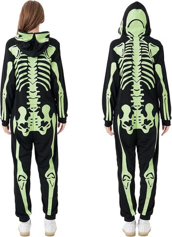 PARTISKY Adult Onesie Skeleton Costume Women & Men, Glow in the Dark Halloween Skeleton Jumpsuit with Zipper Hooded in Saudi Arabia