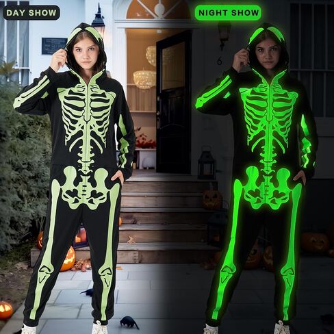 PARTISKY Adult Onesie Skeleton Costume Women & Men, Glow in the Dark Halloween Skeleton Jumpsuit with Zipper Hooded in Saudi Arabia