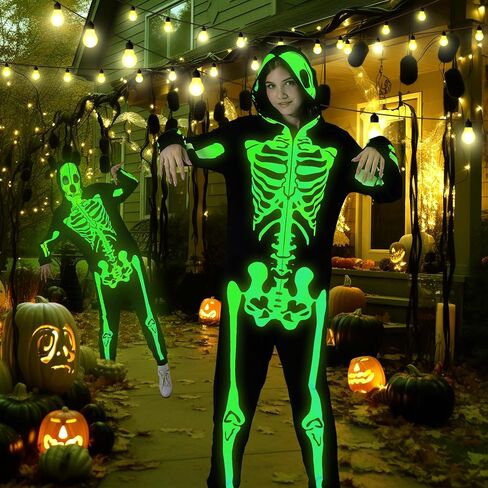 PARTISKY Adult Onesie Skeleton Costume Women & Men, Glow in the Dark Halloween Skeleton Jumpsuit with Zipper Hooded in Saudi Arabia