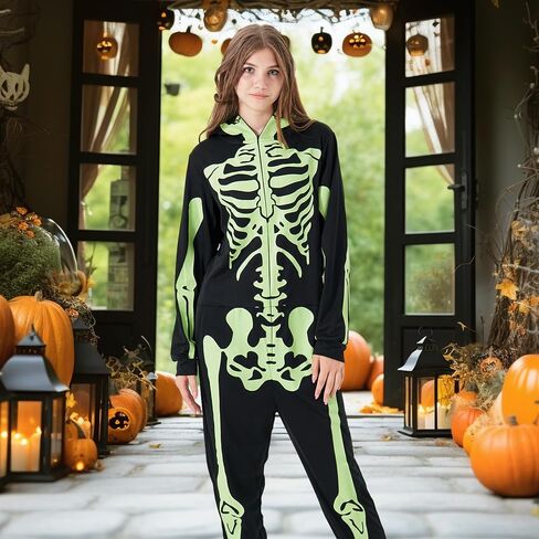 PARTISKY Adult Onesie Skeleton Costume Women & Men, Glow in the Dark Halloween Skeleton Jumpsuit with Zipper Hooded in Saudi Arabia