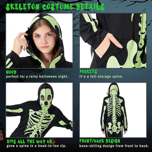 PARTISKY Adult Onesie Skeleton Costume Women & Men, Glow in the Dark Halloween Skeleton Jumpsuit with Zipper Hooded in Saudi Arabia