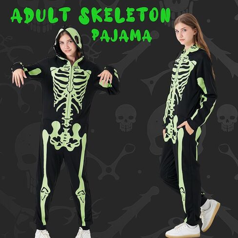 PARTISKY Adult Onesie Skeleton Costume Women & Men, Glow in the Dark Halloween Skeleton Jumpsuit with Zipper Hooded in Saudi Arabia