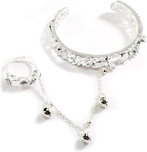 Fashion Butterfly Ring Bangles for Women Silver Plated Bell Finger Ring Hand Chain Chunky Bracelets Vintage Hand Harness Wristband Open Cuff Wrap Bracelet Jewelry Wedding Birthday Party Accessories BFF Gift in Kuwait