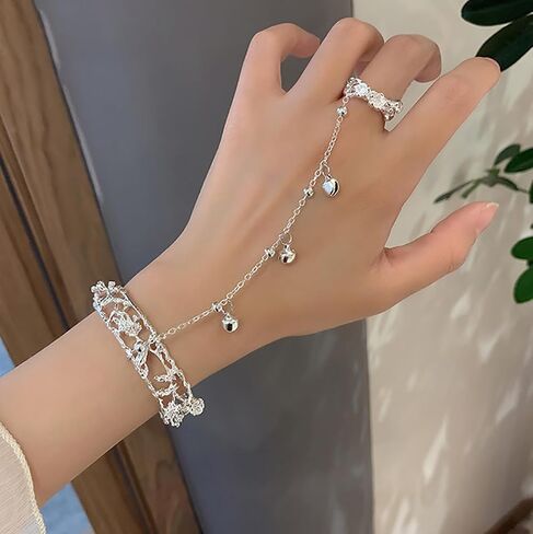 Fashion Butterfly Ring Bangles for Women Silver Plated Bell Finger Ring Hand Chain Chunky Bracelets Vintage Hand Harness Wristband Open Cuff Wrap Bracelet Jewelry Wedding Birthday Party Accessories BFF Gift in Kuwait
