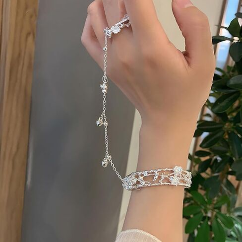 Fashion Butterfly Ring Bangles for Women Silver Plated Bell Finger Ring Hand Chain Chunky Bracelets Vintage Hand Harness Wristband Open Cuff Wrap Bracelet Jewelry Wedding Birthday Party Accessories BFF Gift in Kuwait