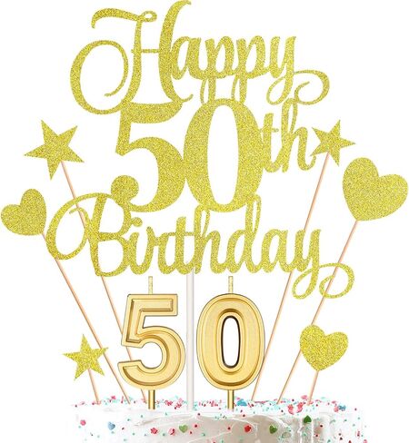 50th Birthday Cake Decorations Set Include 50th Birthday Candles Numeral 50 Cake Candles and Happy 50th Birthday Cake Toppers with Heart Star Cupcake Picks for Birthday Party (Black Series) in Kuwait