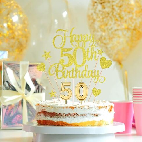 50th Birthday Cake Decorations Set Include 50th Birthday Candles Numeral 50 Cake Candles and Happy 50th Birthday Cake Toppers with Heart Star Cupcake Picks for Birthday Party (Black Series) in Kuwait