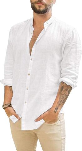 Makkrom Men Linen Shirt Button Down Long Sleeve Cotton Beach Band Collar Casual Summer Shirts in Saudi Arabia