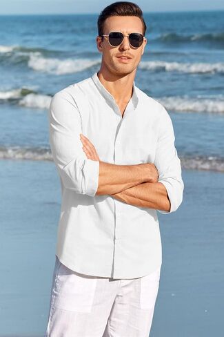 Makkrom Men Linen Shirt Button Down Long Sleeve Cotton Beach Band Collar Casual Summer Shirts in Saudi Arabia