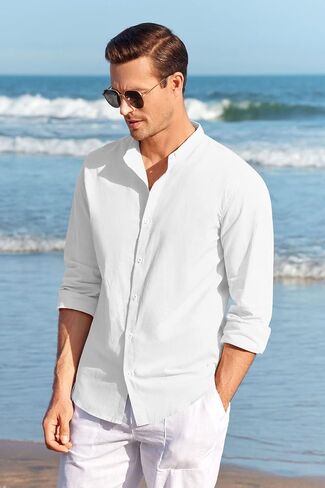 Makkrom Men Linen Shirt Button Down Long Sleeve Cotton Beach Band Collar Casual Summer Shirts in Saudi Arabia