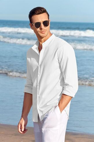 Makkrom Men Linen Shirt Button Down Long Sleeve Cotton Beach Band Collar Casual Summer Shirts in Saudi Arabia