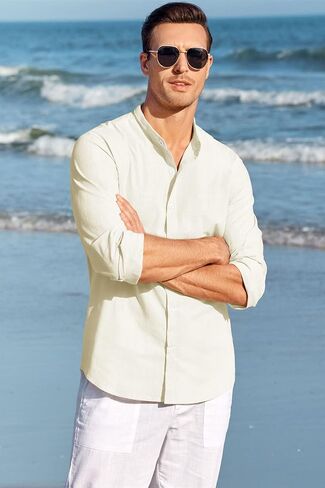 Makkrom Men Linen Shirt Button Down Long Sleeve Cotton Beach Band Collar Casual Summer Shirts in Kuwait